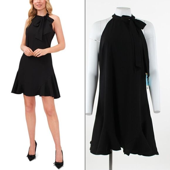 CeCe Tie Neck Sleeveless Dress in Rich Black - Picture 1 of 5